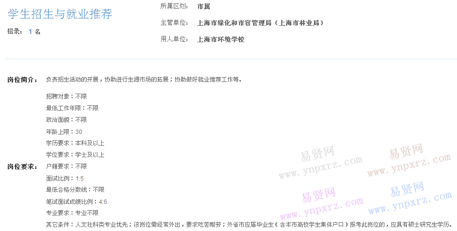 上海市2017年度事業(yè)單位招聘市屬崗位(環(huán)境學校學生招生與就業(yè)推薦)