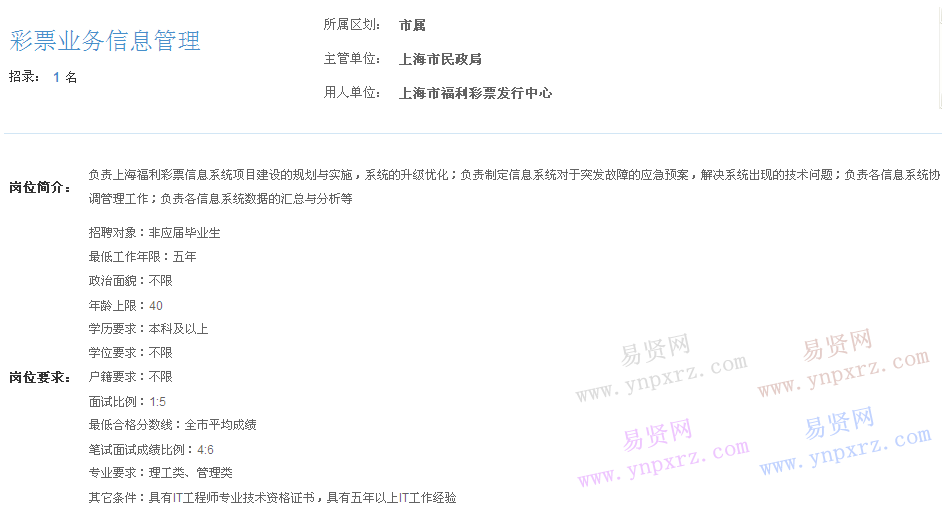 上海市2017年度事業(yè)單位招聘市屬崗位(福利彩票發(fā)行中心彩票業(yè)務信息管理)