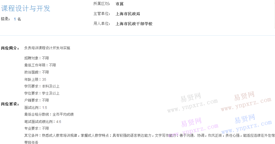 上海市2017年度事業(yè)單位招聘市屬崗位(民政干部學(xué)校課程設(shè)計(jì)與開(kāi)發(fā))