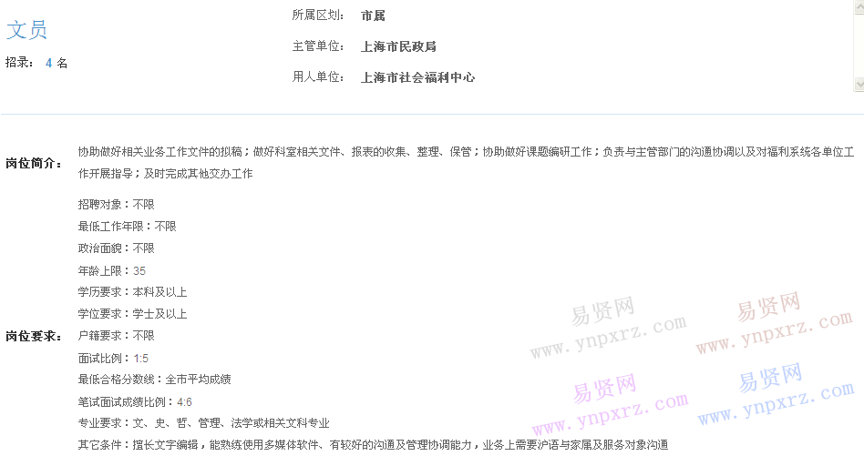 上海市2017年度事業(yè)單位招聘市屬崗位(社會(huì)福利中心文員)