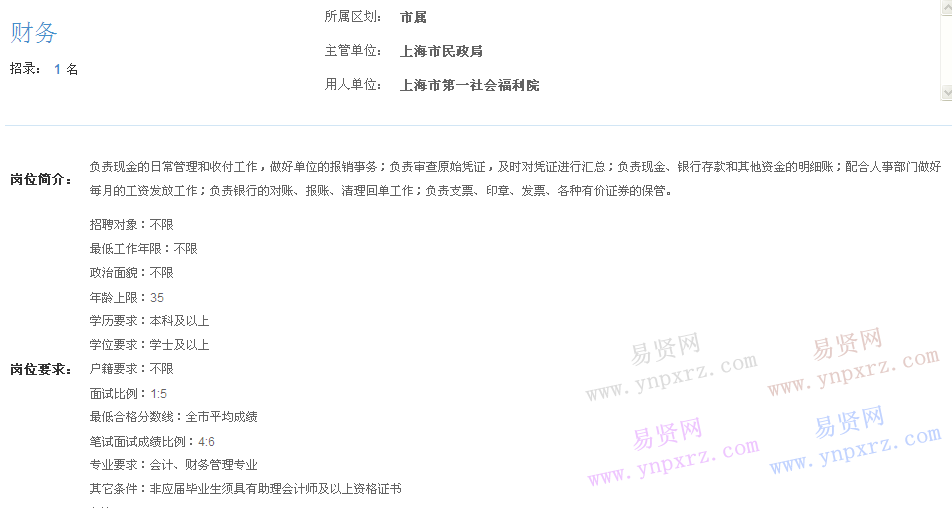 上海市2017年度事業(yè)單位招聘市屬崗位(第一社會(huì)福利院財(cái)務(wù))