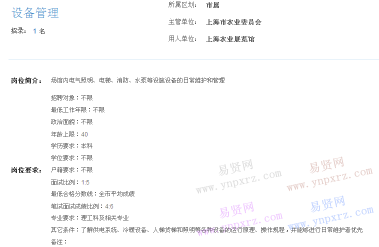 上海市2017年度事業(yè)單位招聘市屬崗位(農(nóng)業(yè)展覽館設備管理)