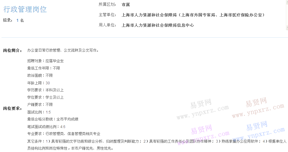 上海市2017年度事業(yè)單位招聘市屬崗位(人力資源和社會保障局信息中心行政管理崗位)