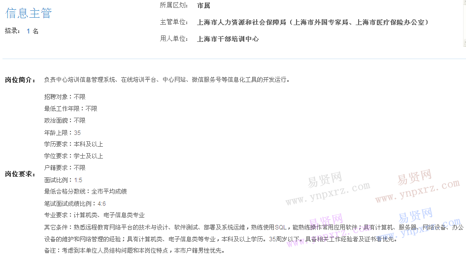 上海市2017年度事業(yè)單位招聘市屬崗位(干部培訓(xùn)中心信息主管)