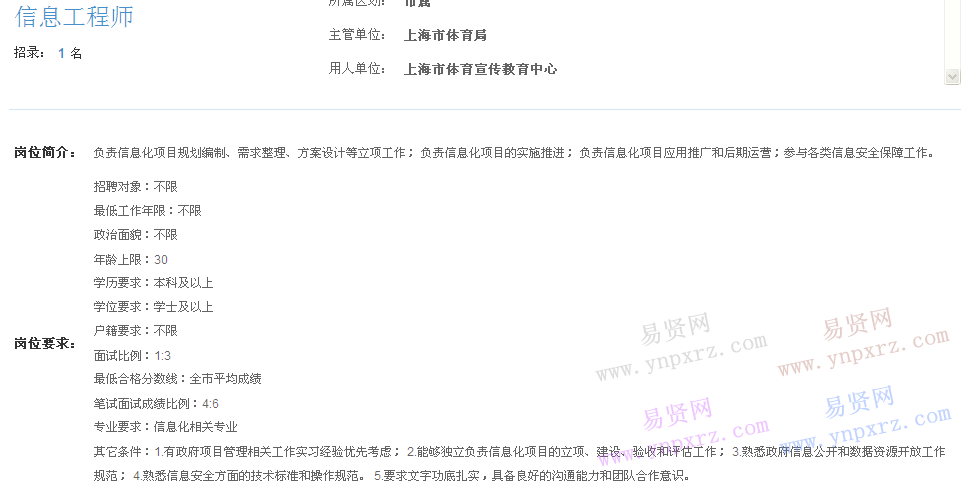 上海市2017年度事業(yè)單位招聘市屬崗位(體育宣傳教育中心信息工程師)