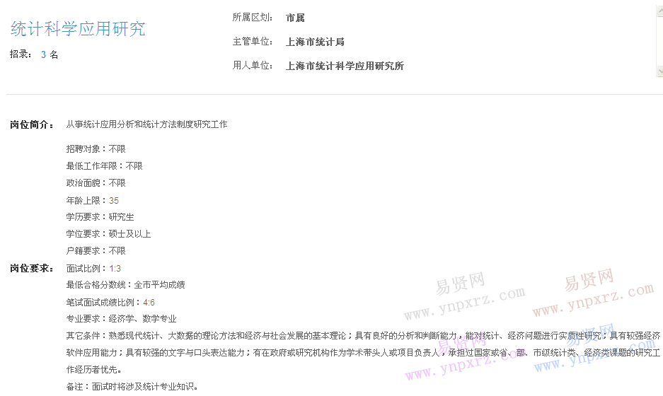 上海市2017年度事業(yè)單位招聘市屬崗位(統(tǒng)計科學應用研究所統(tǒng)計科學應用研究)