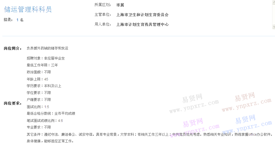 上海市2017年度事業(yè)單位招聘市屬崗位(計劃生育藥具管理中心儲運管理科科員)