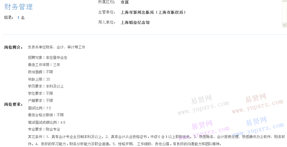 上海市2017年度事業(yè)單位招聘市屬崗位(韜奮紀念館財務管理)