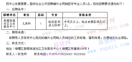 2017年寧波市海曙區(qū)鼓樓街道社區(qū)衛(wèi)生服務中心招聘編外人員啟事