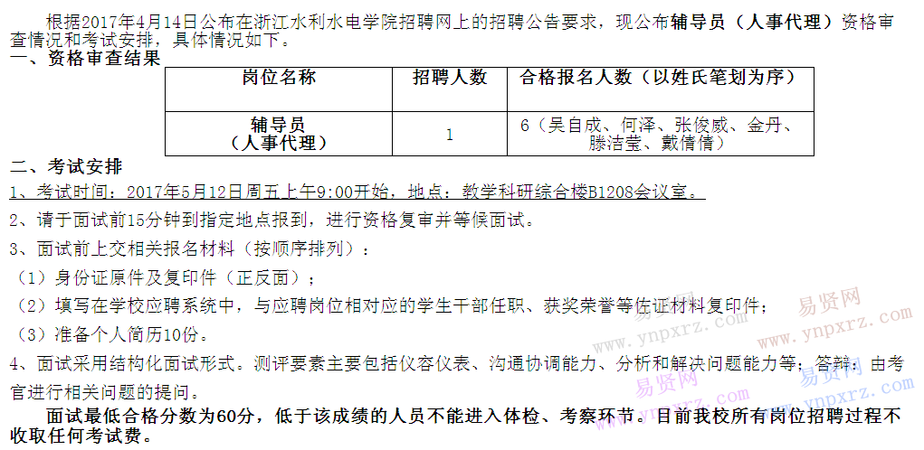 浙江水利水電學院2017屆全日制本科畢業(yè)生中招聘輔導員人事代理資格審查結果及考試安排