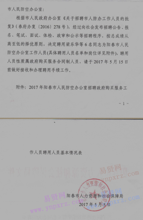 2017年阳江市阳春人防办招聘政府购买服务工作人员通知