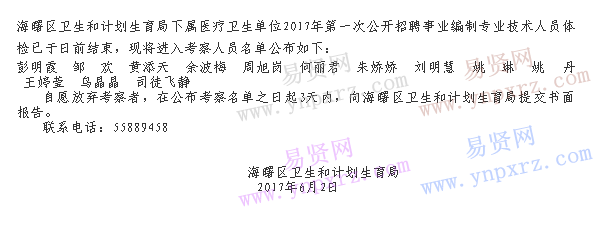 宁波市海曙区卫生和计划生育局下属医疗卫生单位2017年第一次招聘事业编制专技考察名单公告