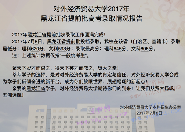 2017年对外经济贸易大学黑龙江省提前批高考录取情况报告