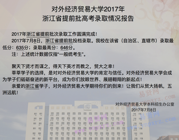 2017年对外经济贸易大学浙江省提前批高考录取情况报告