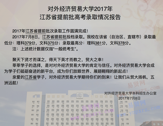 2017年对外经济贸易大学江苏省提前批高考录取情况报告