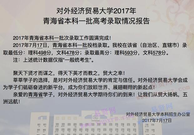 2017年对外经济贸易大学青海省本科一批高考录取情况报告