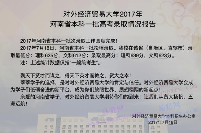 2017年对外经济贸易大学河南省本科一批高考录取情况报告