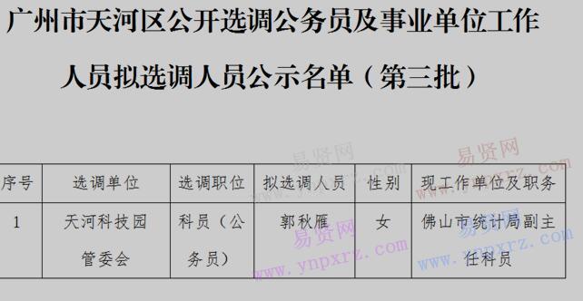 2017年廣州市天河區(qū)選調(diào)公務(wù)員及事業(yè)單位工作人員擬選調(diào)人員公示(第三批)