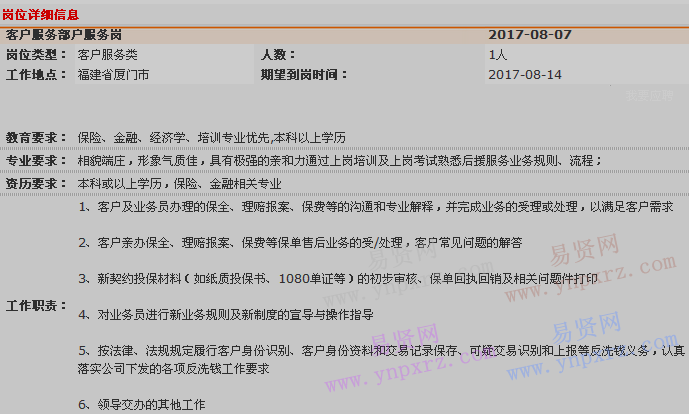 2017年中国平安寿险厦门分公司客户服务部柜