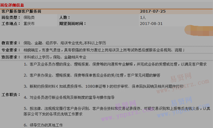 2017年中国平安寿险重庆分公司客户服务部柜