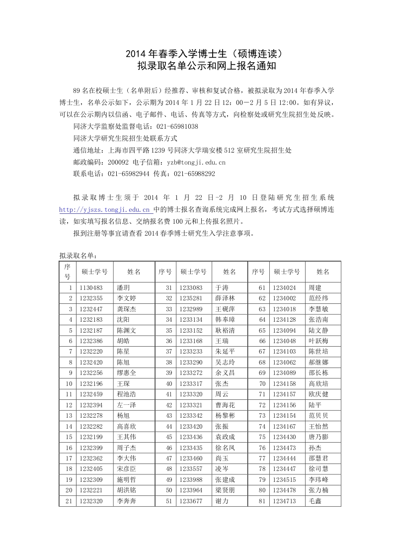 2014年春季入學(xué)博士生（碩博連讀）擬錄取名單公示和網(wǎng)上報名通知
