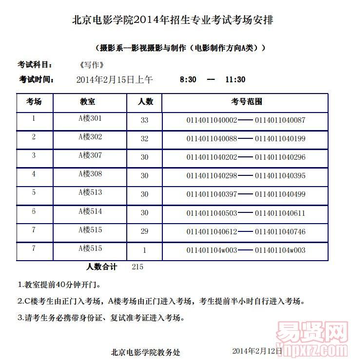北京電影學(xué)院2014年電影制作A(繪畫)考場安排