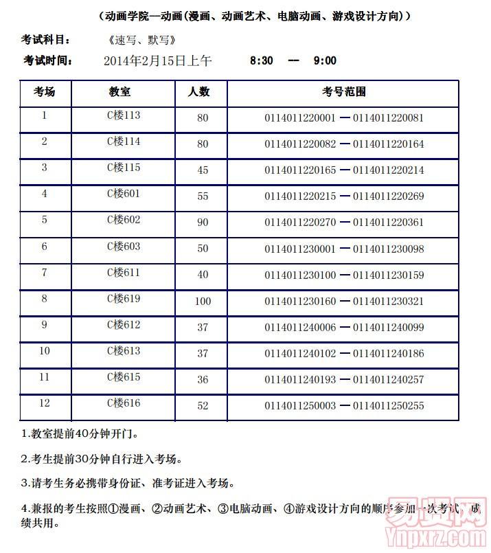 漫畫、動(dòng)畫藝術(shù)、電腦動(dòng)畫、游戲設(shè)計(jì)（速寫默寫）考場(chǎng)安排