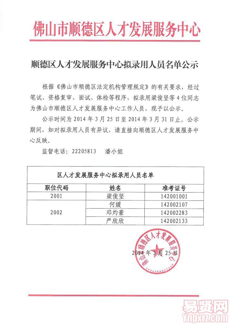 顺德区人才发展服务中心拟录用人员名单公示