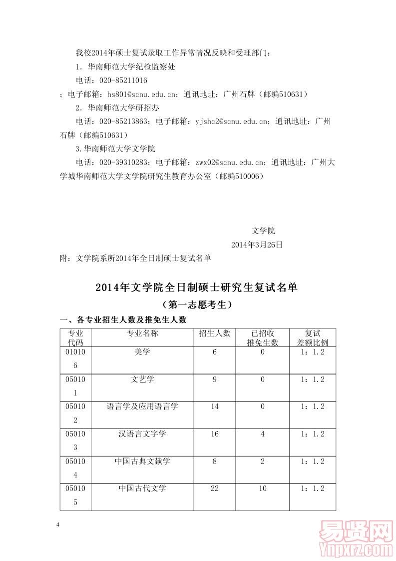 2014年華南師范大學(xué)文學(xué)院招收全日制碩士復(fù)試方案