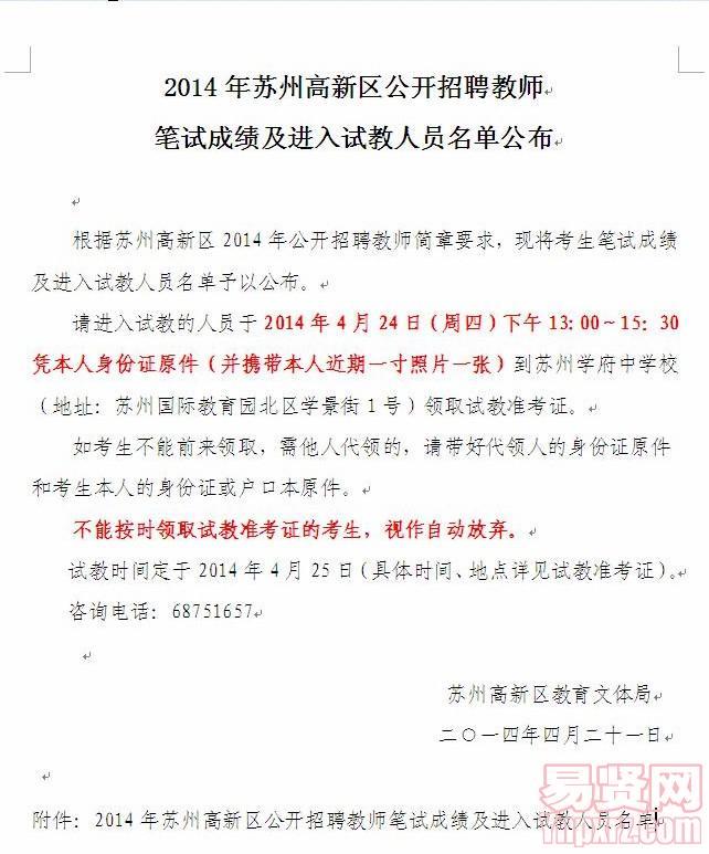 2014年蘇州高新區(qū)招聘教師筆試成績及進入試教人員名單公布