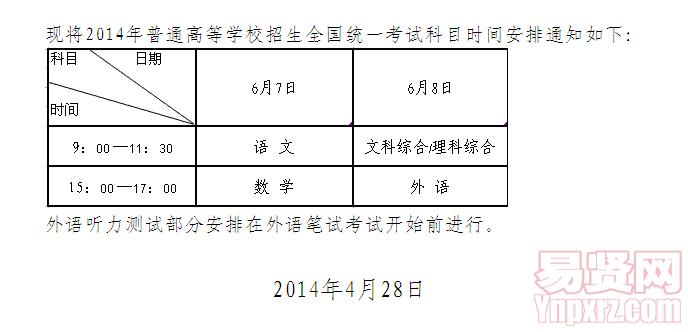 宁夏自治区2014年普通高等学校招生全国统一考试科目时间安排