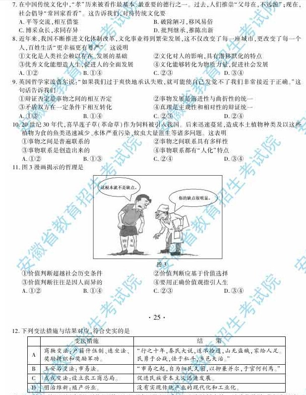 2014年安徽高考文科綜合能力測試試題及參考答案