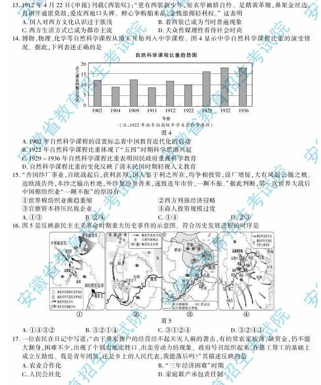 2014年安徽高考文科綜合能力測試試題及參考答案