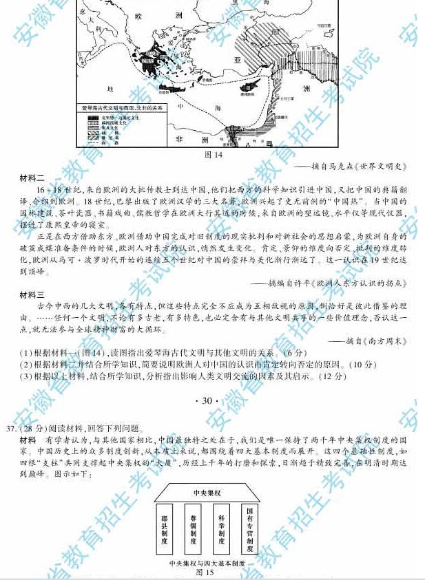 2014年安徽高考文科綜合能力測試試題及參考答案