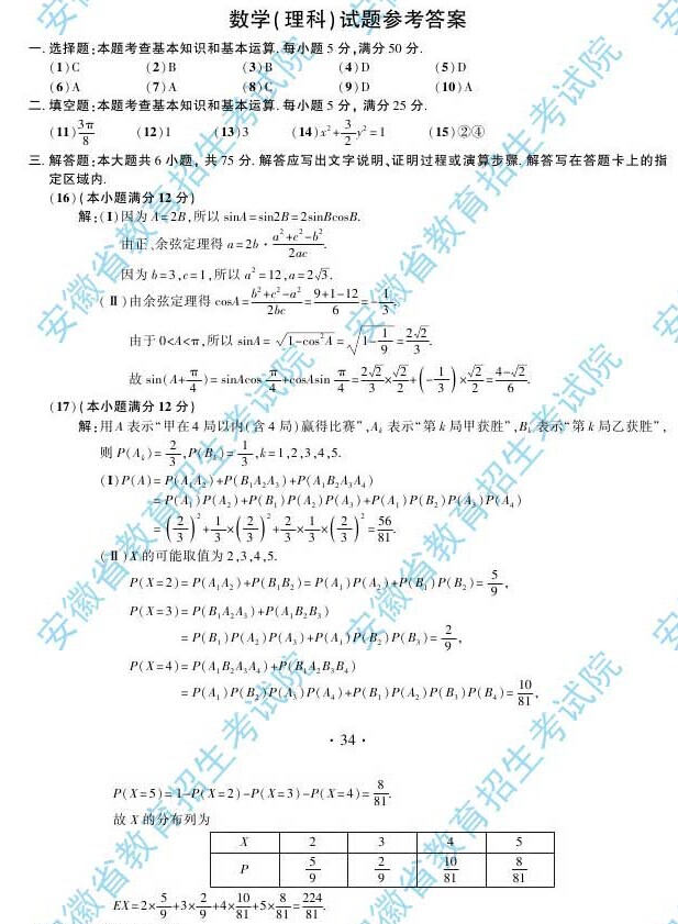 2014年安徽高考數(shù)學(xué)(理科)試題及參考答案