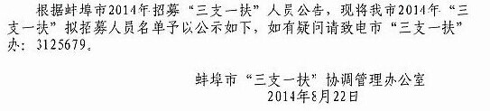 蚌埠市2014年三支一扶计划拟录用人员名单公示
