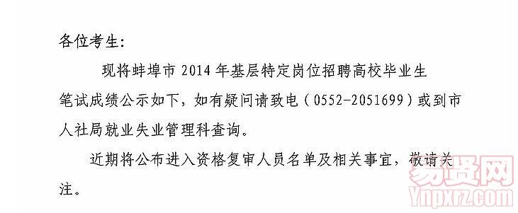 蚌埠市2014年基层特定岗位招聘高校毕业生笔试成绩公示