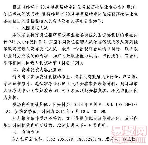 蚌埠市2014年基层特定岗位招聘高校毕业生各岗位入围资格复核人员名单及有关事项公告