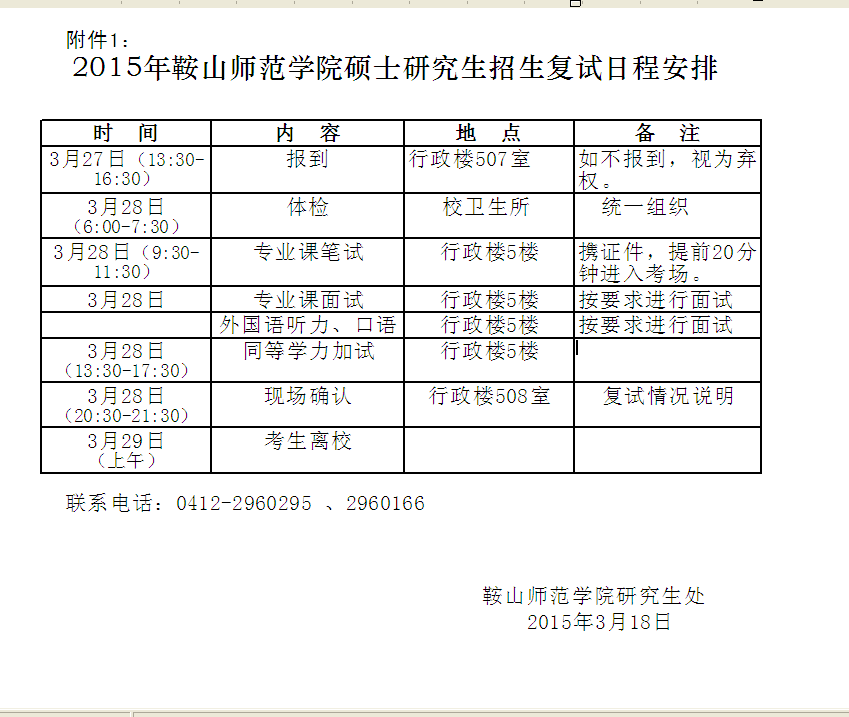 2015年鞍山師范學院碩士研究生招生復試日程安排

