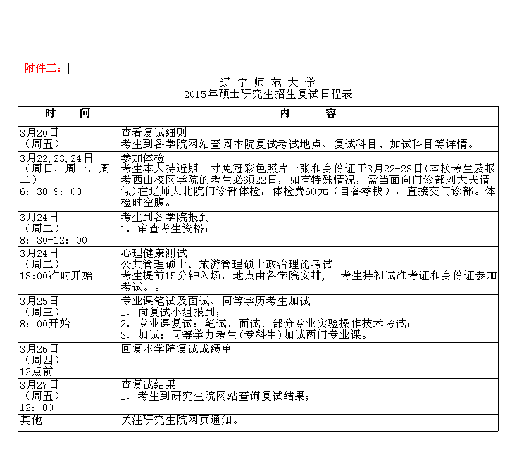 2015年遼寧師范大學(xué)碩士研究生招生復(fù)試日程表