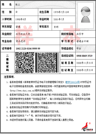 2015年《教育部学历证书电子注册备案表》样本