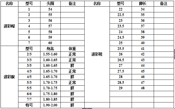 军训服体重对照表图片