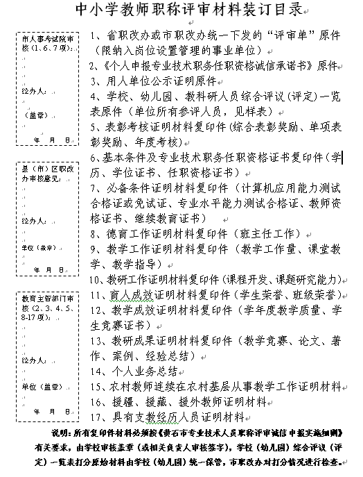 2015年黄石市中小学教师职称评审材料装订目录