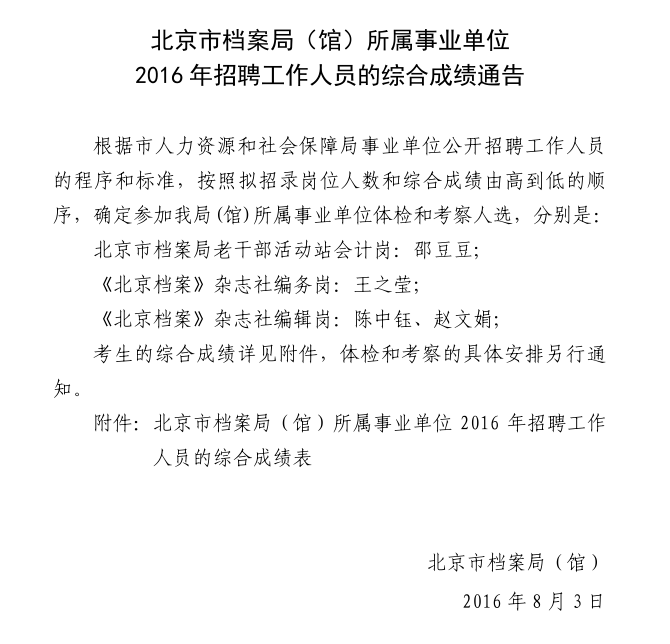 北京市檔案局(館)所屬事業(yè)單位2016年招聘工作人員的綜合成績通告