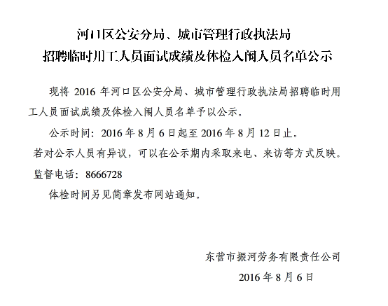 河口区公安分局、城市管理行政执法局招聘临时用工人员面试成绩及体检入闱人员名单公示
