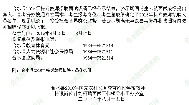 庆阳市合水县206年国家农村义务教育阶段学校教师特设岗位拟聘人员公示