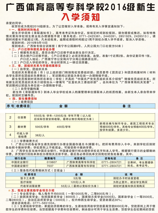 廣西體育高等專科學(xué)校2016年新生入學(xué)須知