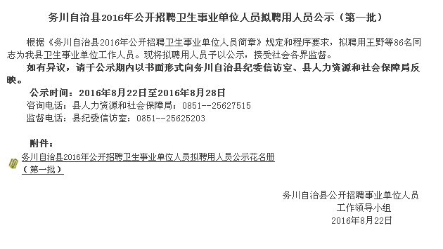 务川自治县2016年公开招聘卫生事业单位人员拟聘用人员公示花名册（第一批）