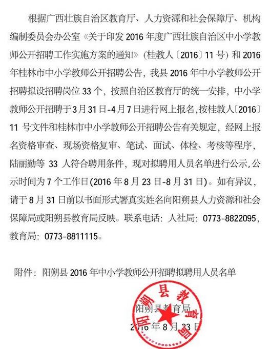 2016年桂林市陽(yáng)朔縣招聘中小學(xué)教師擬聘用人員名單公示